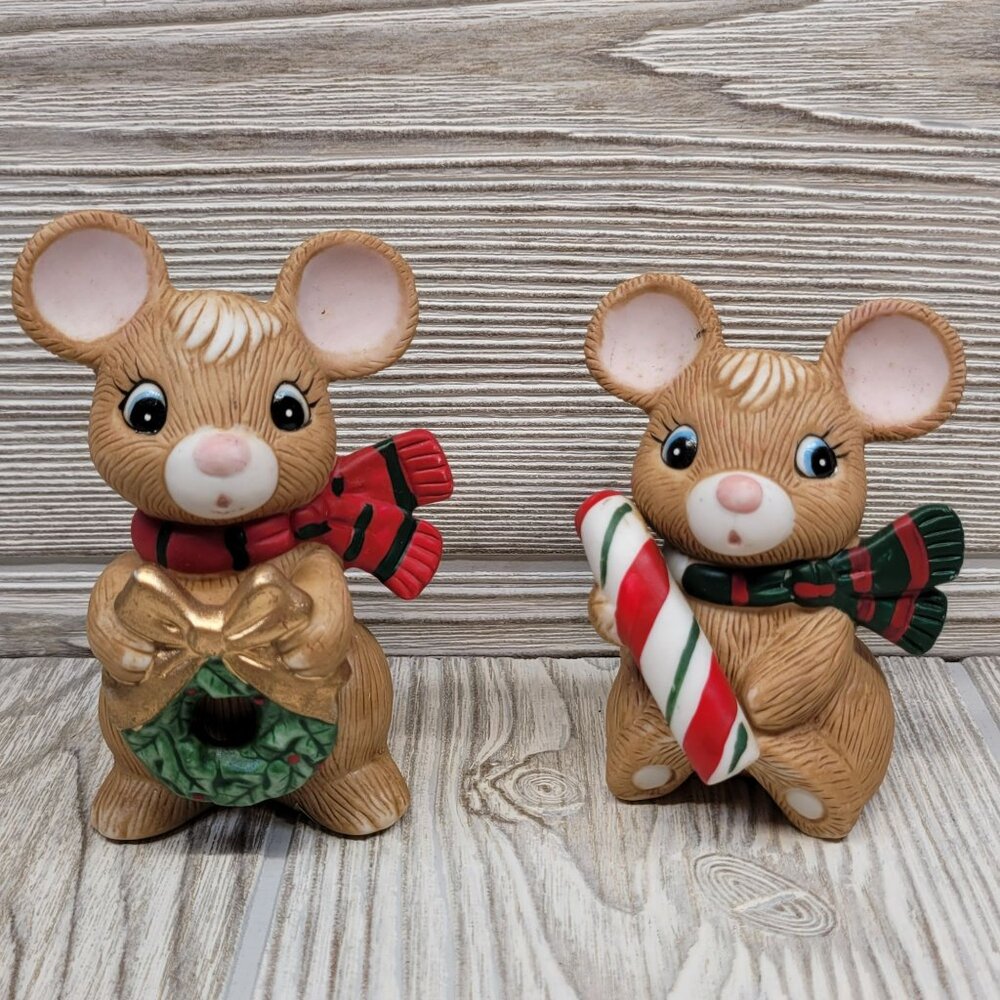 2‎ Homco Christmas Mouse Mice Figurines Holiday Decor Wreath Candy Cane 80's Vtg